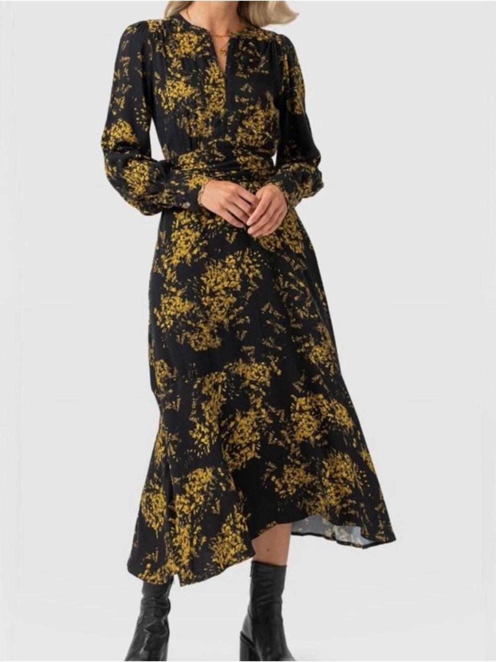 Saint + Sofia Adaline Zip Up Dress Size 8 Black Yellow Floral Mimosa Classic NWT